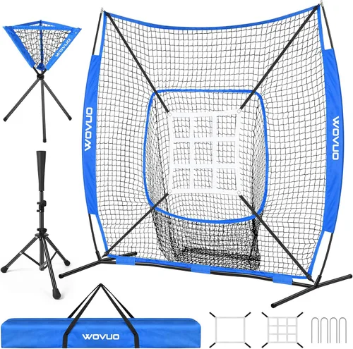 Miniatura 9 de Red de 7x7 pies de béisbol para bateo, lanzamiento y golpeo, red de sóftbol con zona de golpeo, base, carro de pelotas, equipo de entrenamiento