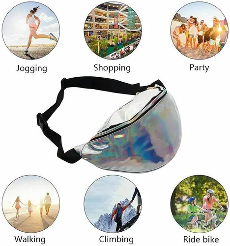 Miniatura 3 de Elegante mujer iridiscente holograma riñonera brillante metálico cintura bolsa punk chica para festival rave senderismo correr ciclismo, plateado