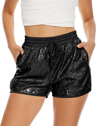 PESION Pantalones cortos de lentejuelas para mujer, cintura alta, casual, holgados, acampanados, brillantes, para discoteca