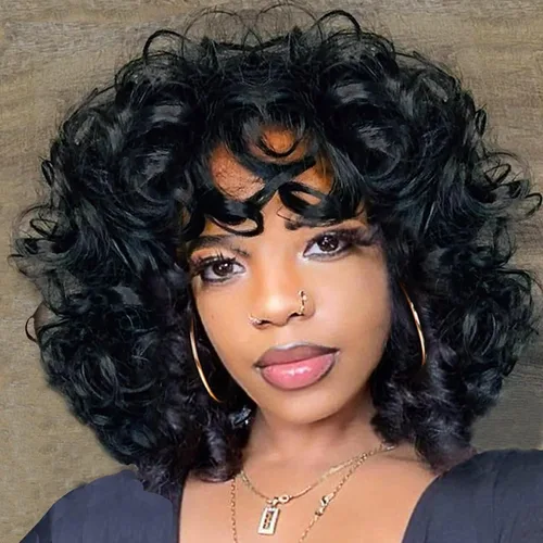 Miniatura 9 de Auburn - Pelucas rizadas para mujeres negras, peluca corta con flequillo, pelucas rizadas suaves y sueltas para mujeres, fibra sintética, cabello