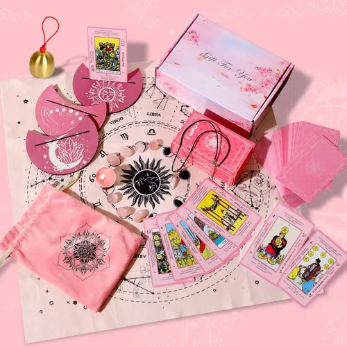Miniatura 5 de Myripoly Juego de cartas de tarot rosa para principiantes, cartas de tarot clásicas con significados en ellas, kit de brujería de tarot de 17
