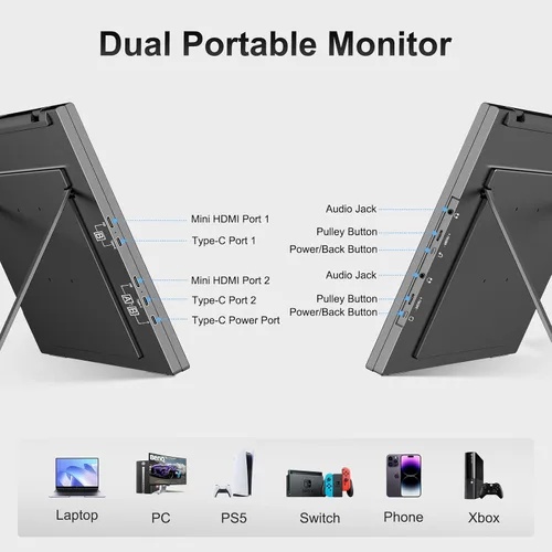 Miniatura 7 de Monitor portátil dual, 18.5 pulgadas, 1080P FHD IPS plegable, triple apilado, extensor de pantalla de computadora portátil, USB-C Plug & Play