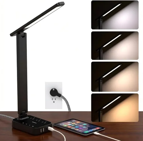 Miniatura 8 de Addtam Lámpara LED de escritorio, tira de alimentación con 3 tomas, 4 puertos de carga USB (2 USBC), 4 modos, lámpara táctil de 5 niveles de brillo