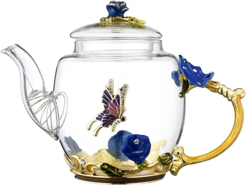 Tetera de Vidrio - 300 ml (10 oz) - Decoración de Mariposa de Flores de Rosa Azul Tetera de Té Resistente al Calor Tetera de Té para Hojas Sueltas