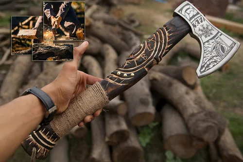 Miniatura 3 de Hacha vikinga forjada a mano de 19 pulgadas, eje de madera de rosa, hacha barbuda de acero al carbono grabada para acampar, regalo vikingo para HACA