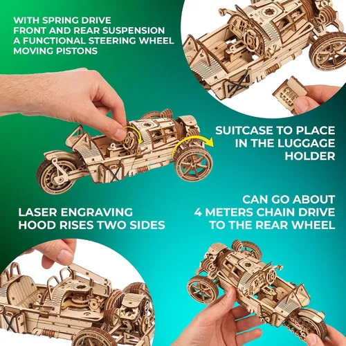 Miniatura 4 de UGEARS Rompecabezas 3D de madera de tres ruedas UGR-S para adultos, kits de modelos de madera para adultos, regalos de motocicleta para hombres, kit