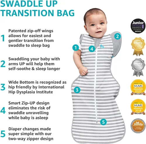 Miniatura 5 de Love to Dream Traje de transición Swaddle UP, gris, mediano, 13-19 libras, alas patentadas con cremallera y mangas únicas autolescalmantes