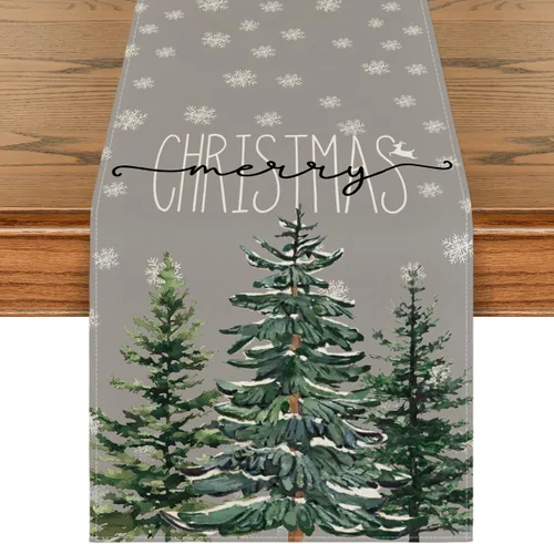 Miniatura 9 de Artoid Mode - Camino de mesa beige con diseño de árbol de pino y copos de nieve, «Feliz Navidad», decoración de mesa de comedor para fiestas