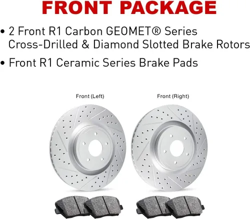 Miniatura 6 de R1 Concepts Rotores de freno ranurados perforados delanteros Sensor incluido Kit de pastillas de freno y rotores de cerámica Compatible