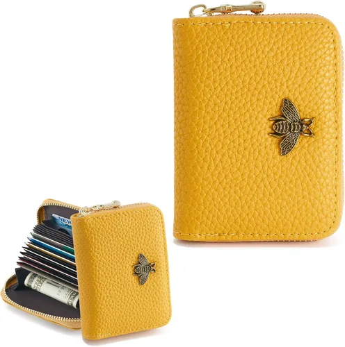 Miniatura 7 de WOZEAH Billetera pequeña para mujeres con bloqueo RFID, cartera para tarjetas de crédito, cartera de acordeón de cuero con cremallera, Negro