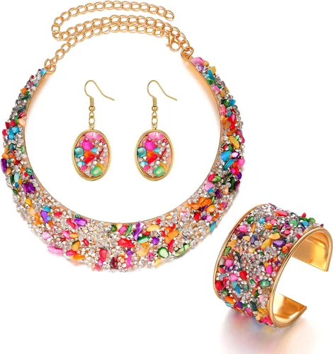 3 unids collar de diamantes de imitación de piedra de colores conjuntos de collar de metal dorado para mujeres babero gargantillas collares collares