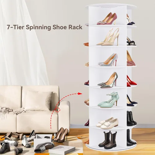Miniatura 9 de Zapatero giratorio de 7 niveles, organizador de almacenamiento de zapatos de 360°, color blanco