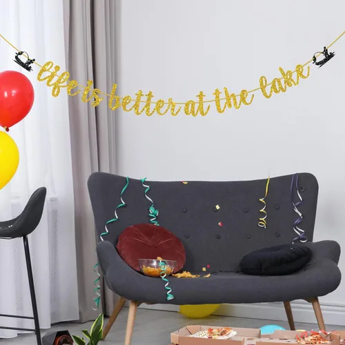 Miniatura 5 de Cartel dorado con purpurina «Life is Better at the Lake», decoración de fiesta de cumpleaños o jubilación con temática de pesca, decoración