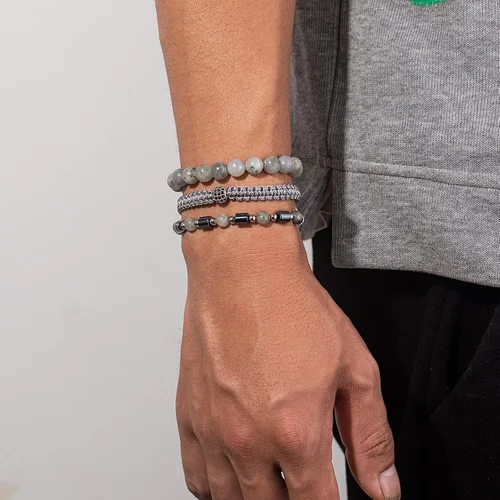 Miniatura 4 de Juego de pulseras de cuentas para hombre de 0.315 in y 0.157 in de piedras preciosas curativas trenzadas con dije de circonita cúbica, pulsera