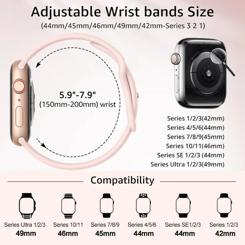 Miniatura 2 de Paquete de 6 correas deportivas compatibles con Apple Watch de 38mm 40mm 41mm 42mm 44mm 45mm 49mm 46mm, correa impermeable de silicona para iWatch