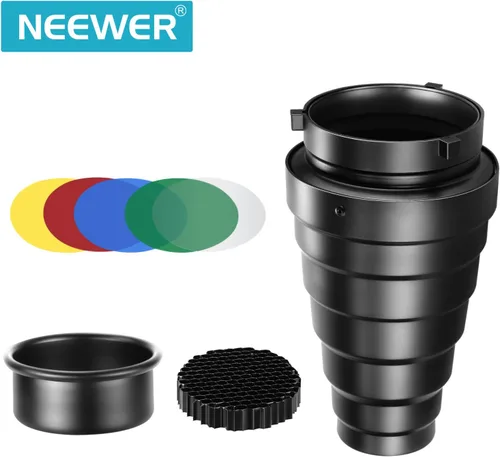 Miniatura 2 de Neewer Kit de Snoot cónico de aleación de aluminio mediano con rejilla de panal y 5 filtros de gel de color para Bowens Mount Studio Strobe