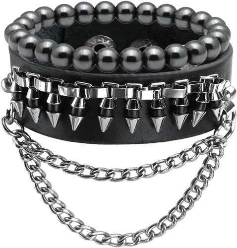 Miniatura 6 de Eigso Pulseras de cuero punk para hombres y mujeres, estilo retro de los años 80, hematita y rock, juego de pulseras de metal ajustables para hombre