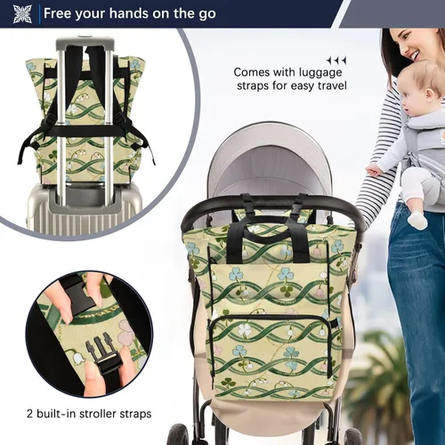 Miniatura 4 de Floral Pattern Diaper Bag Backpack, Multi-Pocket Nylon Tote with Shamrock Design, 11x6x15 Inches, Cream and Green, for Travel and Baby Care