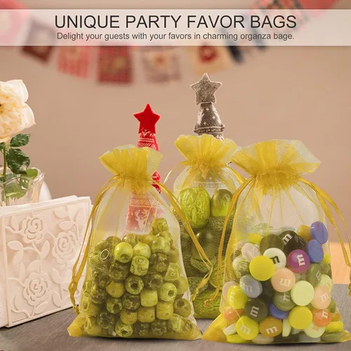 Miniatura 6 de ANZNKU 50 bolsas de organza dorada de alta calidad de 5 x 7 pulgadas, bolsas de malla con cordón, bolsa de regalo tamaño pequeño, bolsa de organza