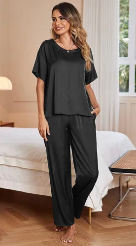 Miniatura 2 de Ekouaer - Conjunto de pijama de satén sedoso para mujer, camiseta de manga corta con pantalón largo, conjunto de pijama suave para el descanso