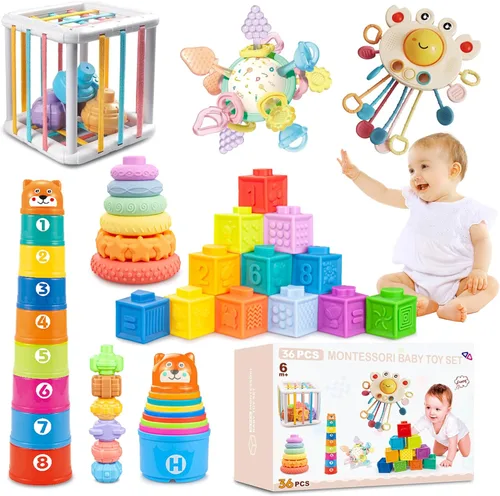 Juguetes 6 en 1 para bebés de 6 a 12 meses, juguetes para bebés de 6 a 12 meses, incluye 12 bloques apilables suaves, cuerda de silicona y bola de
