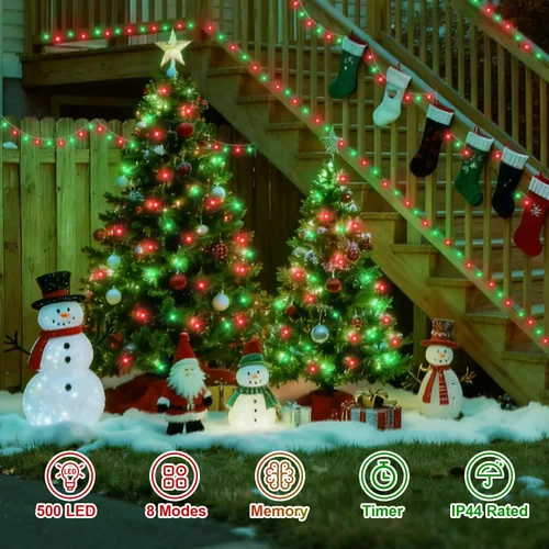 Miniatura 7 de QITONG Tira de luces rojas y verdes para exteriores, 165 pies, 500 luces LED de alambre transparente de Navidad para interiores, 8 modos de luz