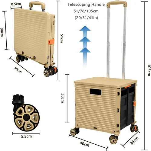 Miniatura 5 de Carrito plegable con ruedas, resistente al desgaste, sin ruido, carrito de compras con ruedas para comestibles, caja de herramientas de Caqui