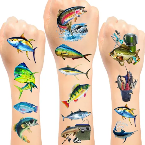 20 hojas (120 piezas) de tatuajes temporales de peces desaparecidos de pesca, recuerdo de fiesta para fiesta de cumpleaños, decoración de fiesta de