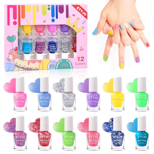 Esmalte de uñas para niños - 12 colores de esmaltes de uñas arcoíris, juego de esmalte de uñas no tóxico a base de agua que se despega, juego de