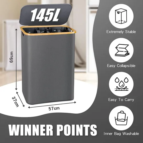 Miniatura 3 de Cesta de lavandería con tapa, Bathola, cesta extra grande de 145L, cestas de 3 secciones para ropa sucia, organizador de cestas divididas para Gris