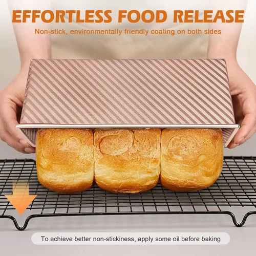Miniatura 4 de Paquete de 2 moldes para pan con tapas, capacidad de masa de 1 libra, molde para pan Pullman de acero al carbono antiadherente para sándwich casero