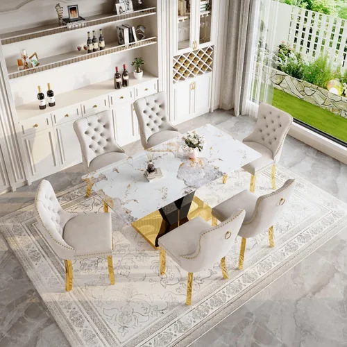 Miniatura 8 de Juego de mesa de comedor de 71 pulgadas para 6, moderno juego de mesa de comedor para 6, mesa de comedor de mármol con 6 sillas de comedor de piel