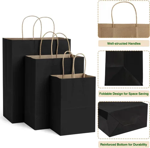 Miniatura 3 de Poever Bolsas de papel kraft negras con asas de 5 x 3 x 8 y 8 x 4 x 10 y 10 x 5 x 13 pulgadas, 30 unidades, bolsas de regalo, bolsas de compras