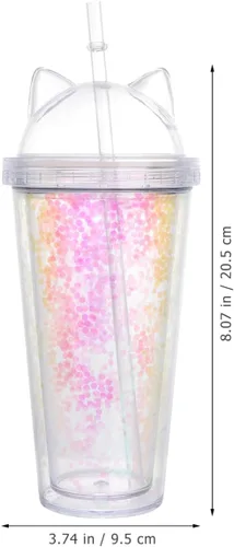 Miniatura 2 de UPKOCH Vaso de agua de doble pared con forma de oreja de gato, vaso de paja de plástico con lentejuelas, elegante botella de bebida reutilizable