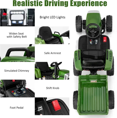 Miniatura 3 de Costzon Tractor de paseo con remolque desmontable, vehículos eléctricos para niños con cargador de tierra de cambio de 3 marchas, diseño inalámbrico