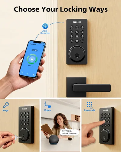 Miniatura 3 de Philips Cerradura de puerta inteligente WiFi con asa, control remoto con aplicación WiFi integrada, cerraduras de puerta de entrada sin llave