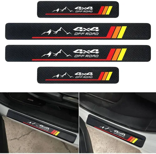 4 piezas de tiras protectoras de umbral de puerta de fibra de carbono para automóvil - Adhesivos delanteros/traseros - Protección de entrada -