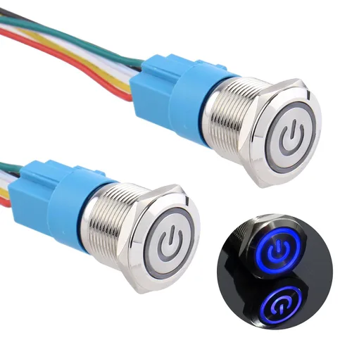 Miniatura 12 de 2 piezas de interruptor de botón de metal de cierre de 16 mm, 12V-24V, encendido/apagado, 1NO 1NC, impermeable, autoblocante, carcasa plateada