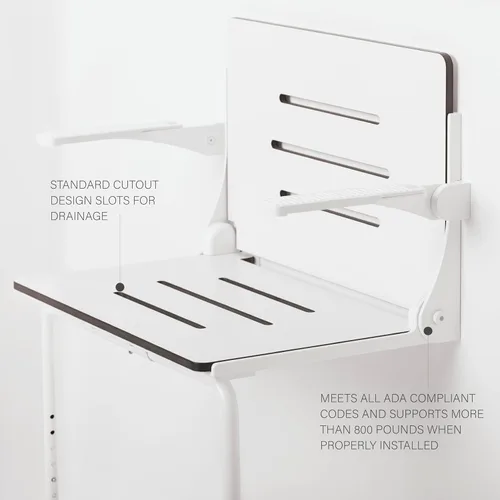 Miniatura 3 de Seachrome Silhouette Comfort Plus Asiento plegable resistente para ducha de montaje en pared con reposabrazos y patas, asiento blanco con marco