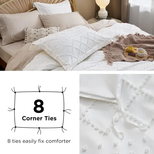 Miniatura 7 de Bedsure Funda de edredón bohemia tamaño Queen, ropa de cama bohemia, funda de edredón copetuda para todas las estaciones, 3 piezas bordadas Shabby