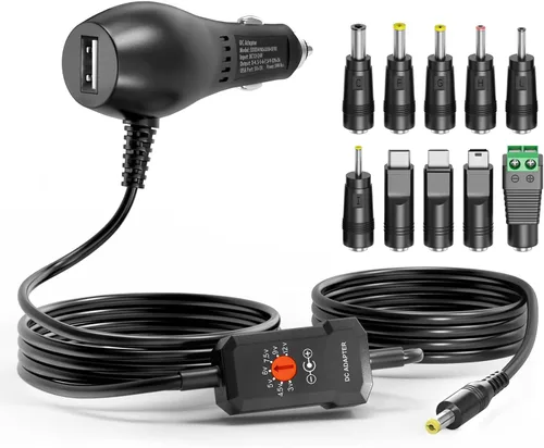 Powseed 34W 3V 4.5V 5V 6V 7.5V 9V 12V DC Cargador de coche con 10 puntas y adaptador de encendedor de cigarrillos USB, cable de fuente de