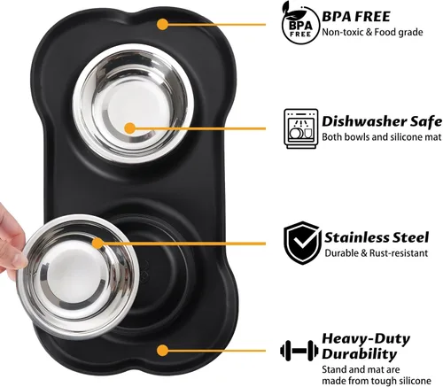 Miniatura 2 de Hubulk - Comedero doble de acero inoxidable con base de silicona antideslizante antiderrames y pala para alimento, para perros pequeños, medianos