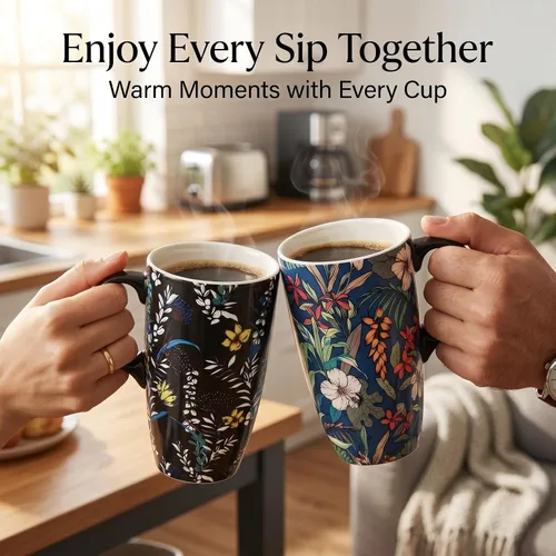 Miniatura 8 de Juego de 2 tazas de café de cerámica de 17 onzas con tapas y cajas de regalo, tazas de té de porcelana floral Art Nouveau Tropical y flores Azul