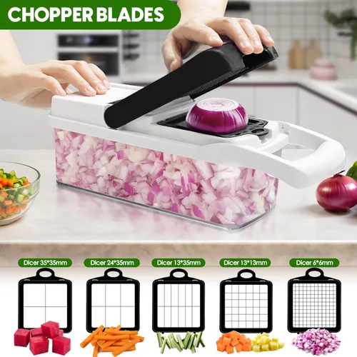 Miniatura 3 de Picador de verduras, cortador de 10 cuchillas para cortar cebolla, cortador de alimentos con mandolina vegetal Multi 23 en 1 para tomate fruta, Negro