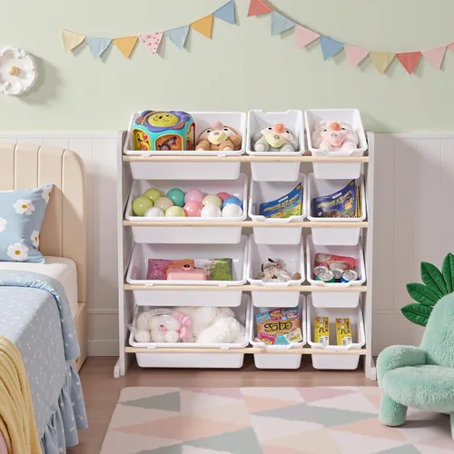 Miniatura 11 de VECELO Organizador de almacenamiento de juguetes para niños pequeños, 12 compartimientos, estante de madera para sala de juegos para niños, libros
