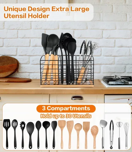 Miniatura 3 de Soporte grande para utensilios de cocina, 11.8 x 6.7 x 4.7 pulgadas, diseño estético de 3 compartimentos, organizador de utensilios de cocina