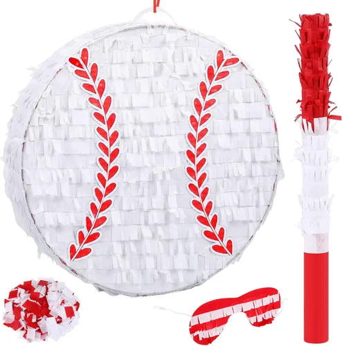 Deekin Pequeña Piñata de Béisbol con Bastón, Venda para los Ojos y Confeti para Suministros de Decoración de Fiesta Temática Deportiva