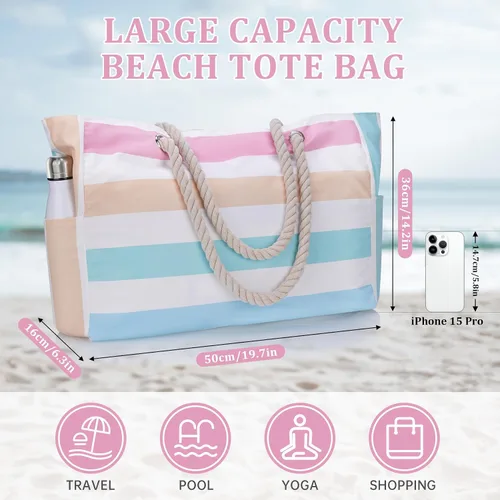 Miniatura 6 de Elegante bolsa de playa impermeable para mujer, cierre de cremallera de gran capacidad con correas de hombro de cuerda