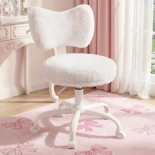 Miniatura 12 de Homkdom Silla de tocador con ruedas, bonita silla de escritorio con respaldo de lazo, silla de oficina pequeña de piel de conejo sintética esponjosa