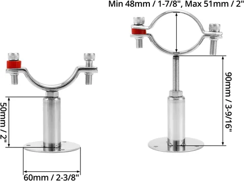 Miniatura 6 de QWORK Abrazadera de soporte de tubo de 2 pulgadas, paquete de 2 soportes de pared y techo de acero inoxidable 304, altura ajustable de 1.969-3.937